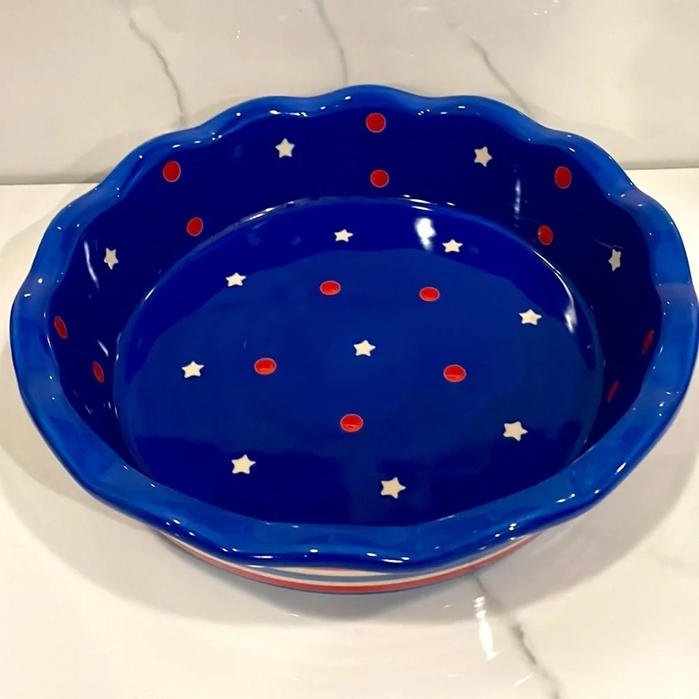 Temptations by Tara Red White and Blue 9'' Fluted Round Baking Pie Quiche Dish
